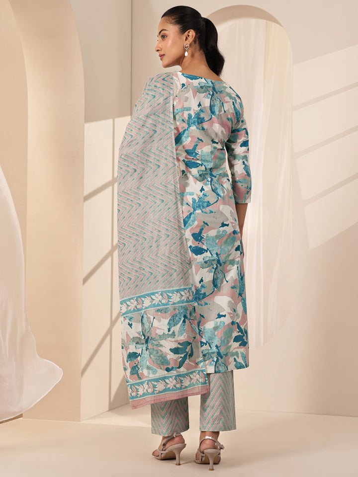 Off White Printed Cotton Straight Suit Sets With Dupatta