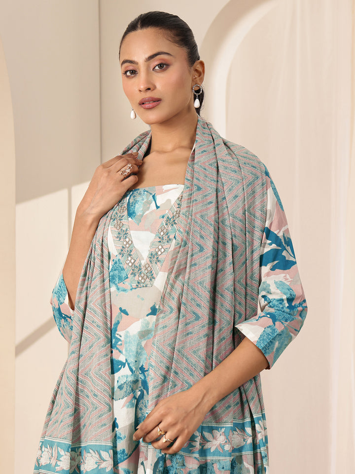 Off White Printed Cotton Straight Suit Sets With Dupatta