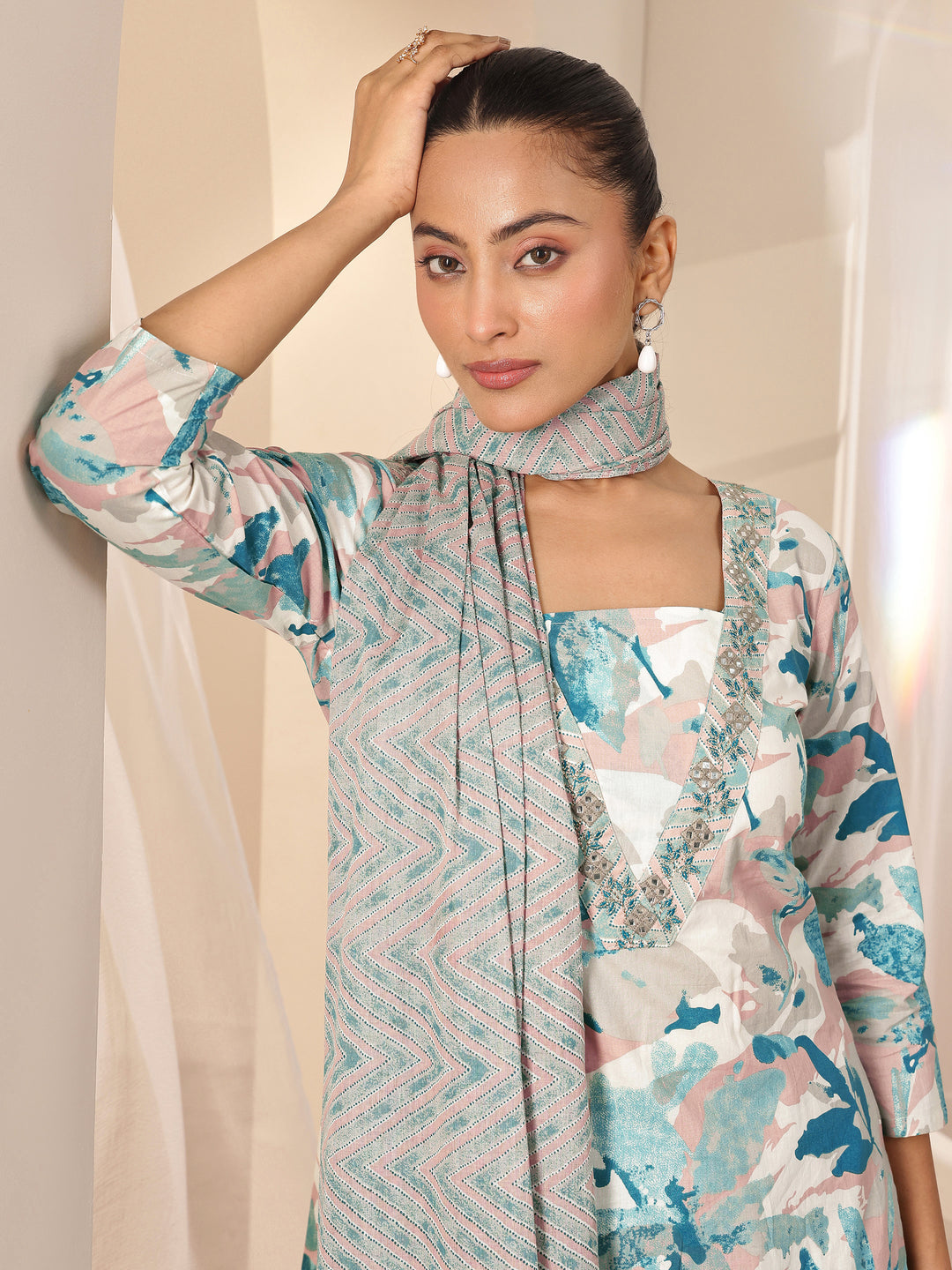 Off White Printed Cotton Straight Suit Sets With Dupatta