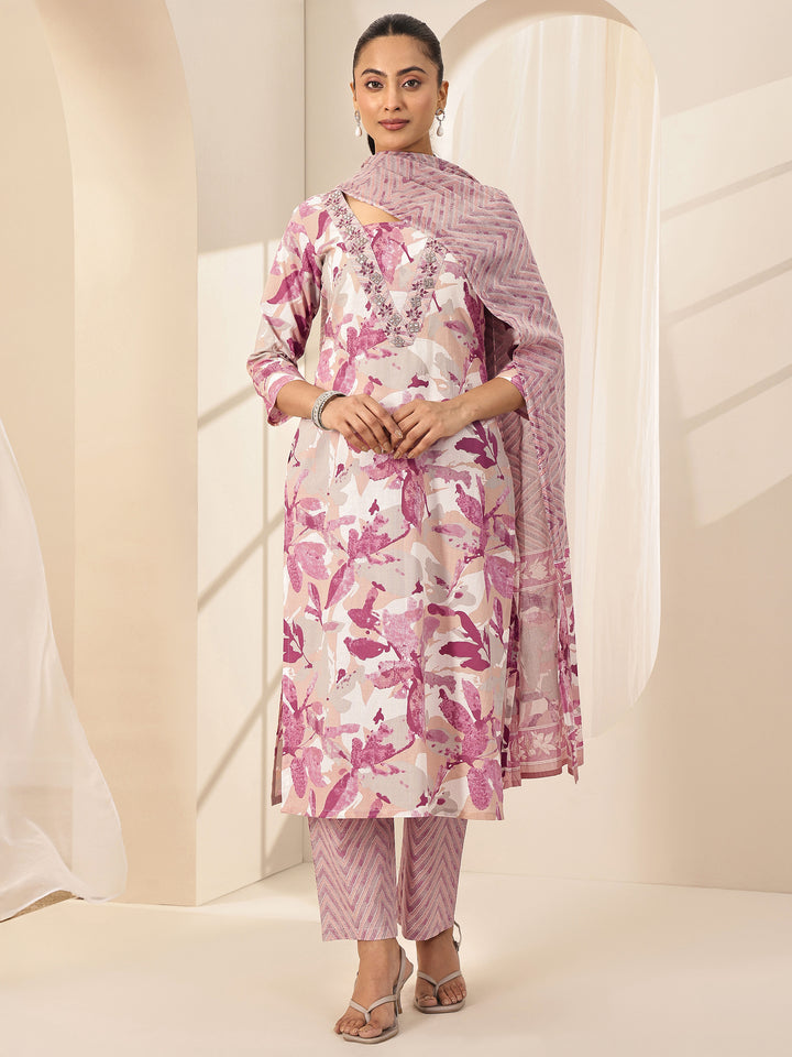 Off White Printed Cotton Straight Suit Sets With Dupatta