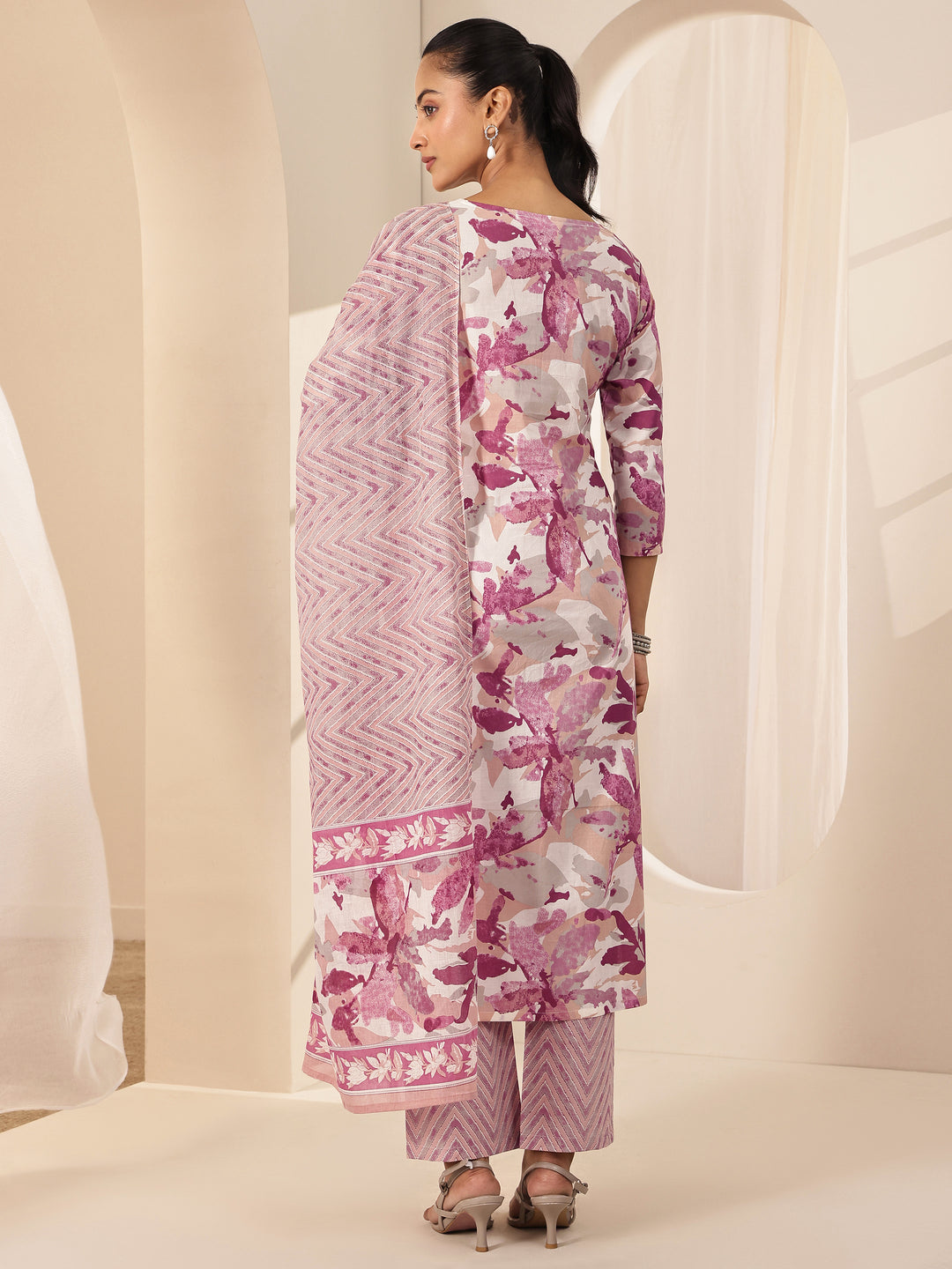 Off White Printed Cotton Straight Suit Sets With Dupatta