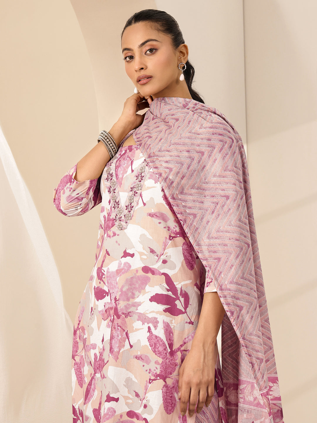 Off White Printed Cotton Straight Suit Sets With Dupatta