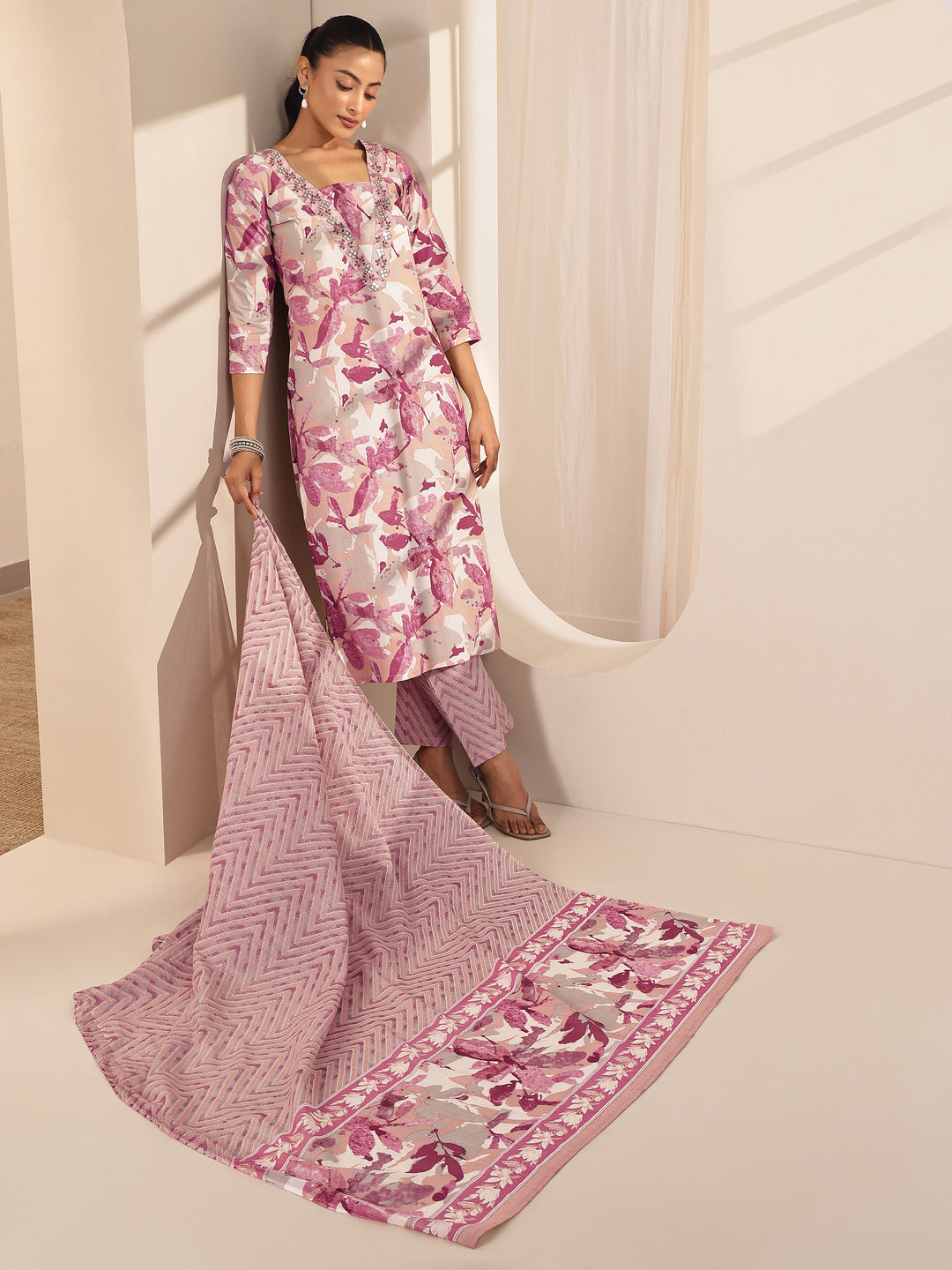 Off White Printed Cotton Straight Suit Sets With Dupatta