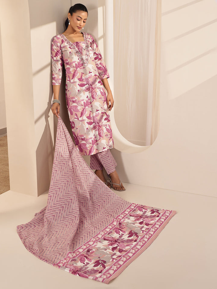 Off White Printed Cotton Straight Suit Sets With Dupatta