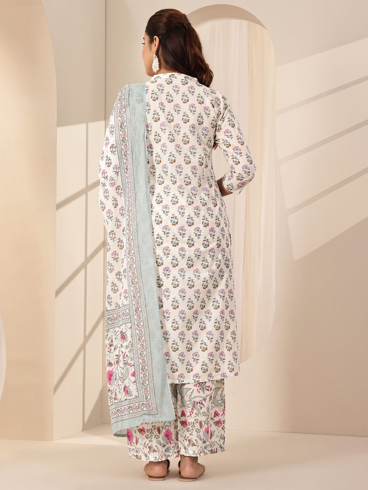 Off White Printed Cotton Straight Suit Sets With Dupatta