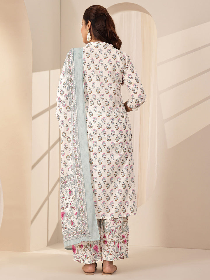 Off White Printed Cotton Straight Suit Sets With Dupatta