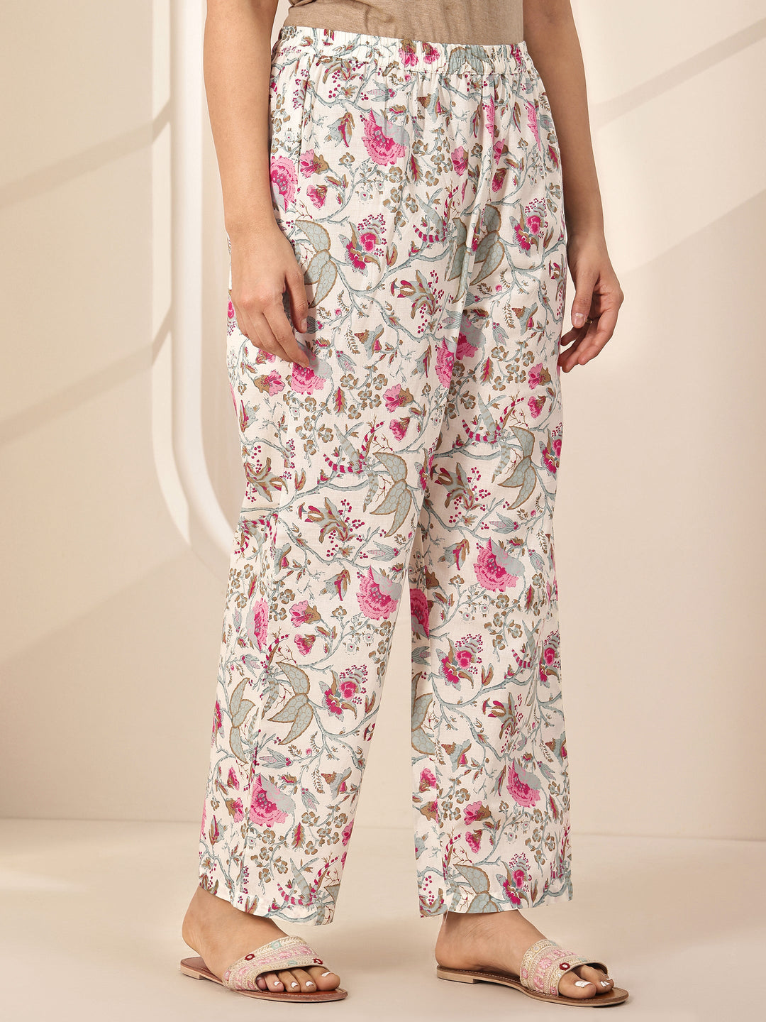 Off White Printed Cotton Straight Suit Sets With Dupatta