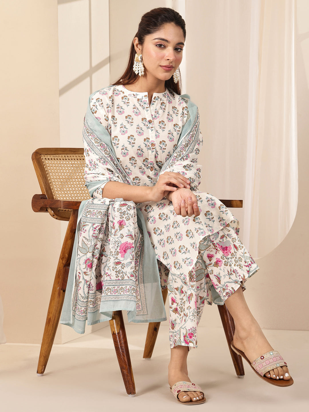 Off White Printed Cotton Straight Suit Sets With Dupatta