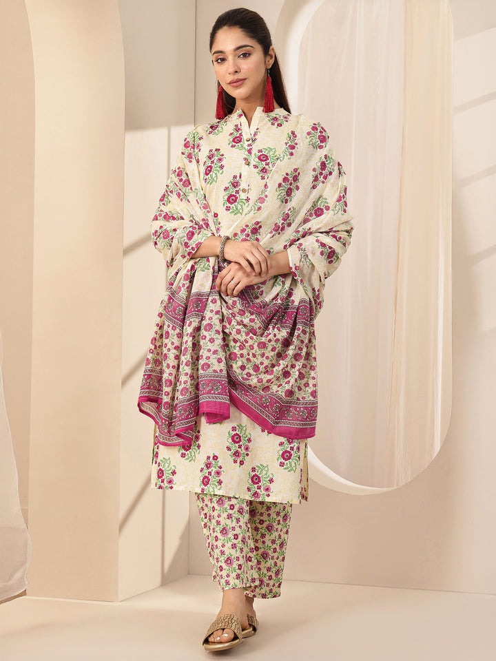 Off White Printed Cotton Straight Suit Sets With Dupatta