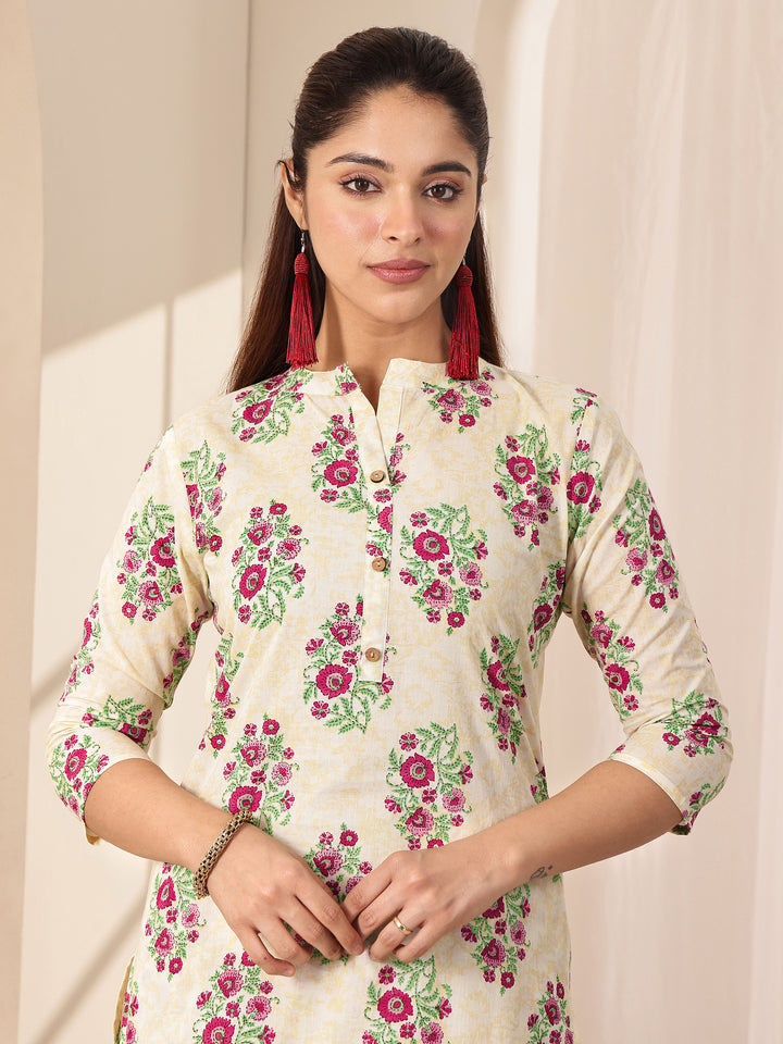 Off White Printed Cotton Straight Suit Sets With Dupatta