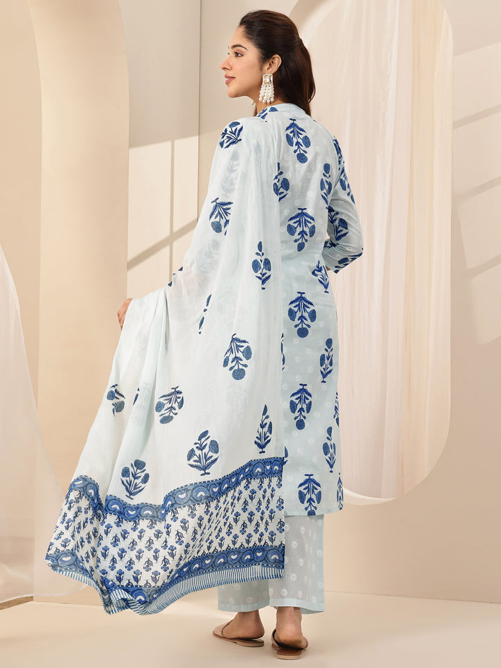 Blue Printed Cotton Straight Suit Sets With Dupatta