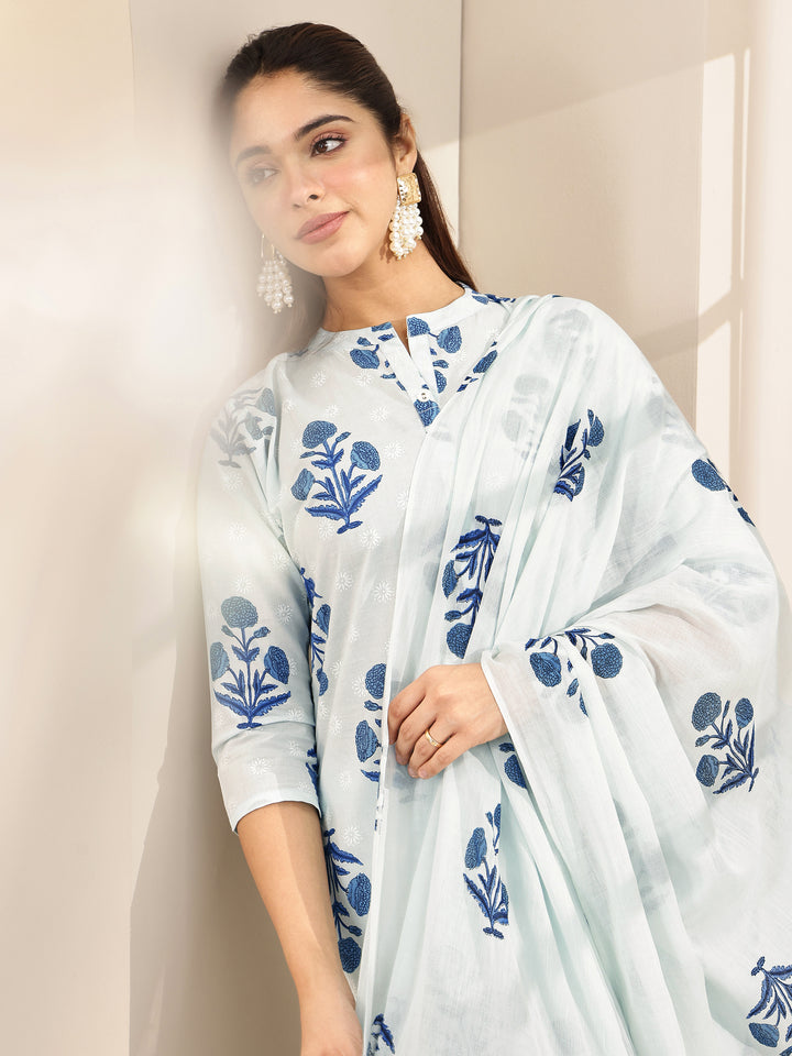 Blue Printed Cotton Straight Suit Sets With Dupatta