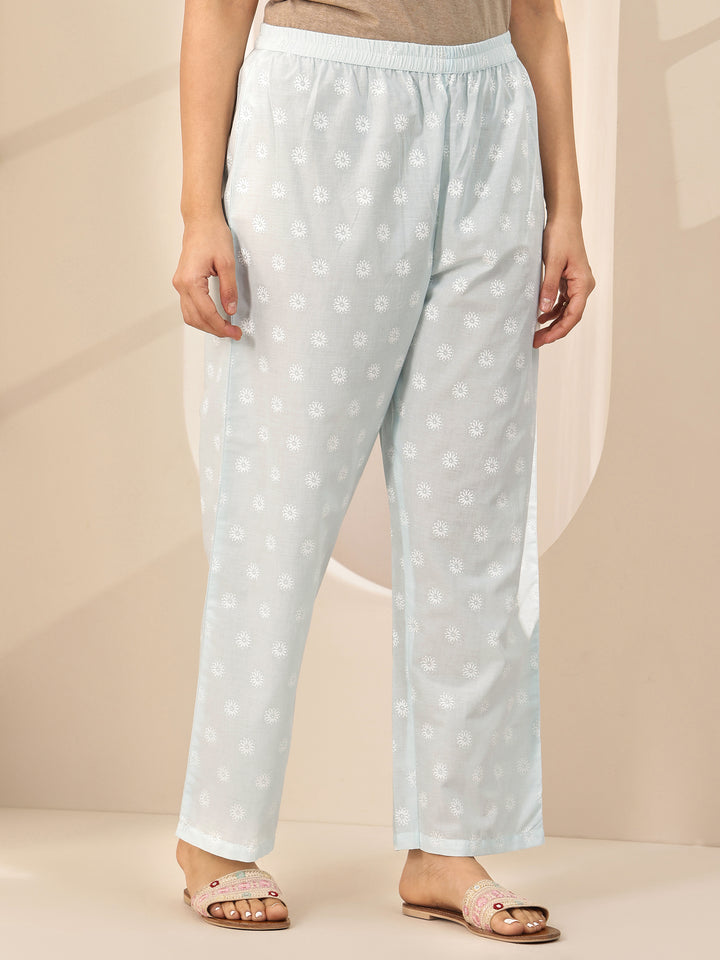 Blue Printed Cotton Straight Suit Sets With Dupatta