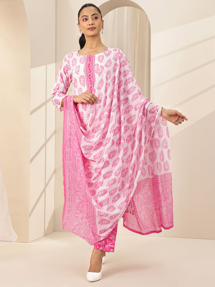 Off White Printed Cotton Straight Suit Sets With Dupatta
