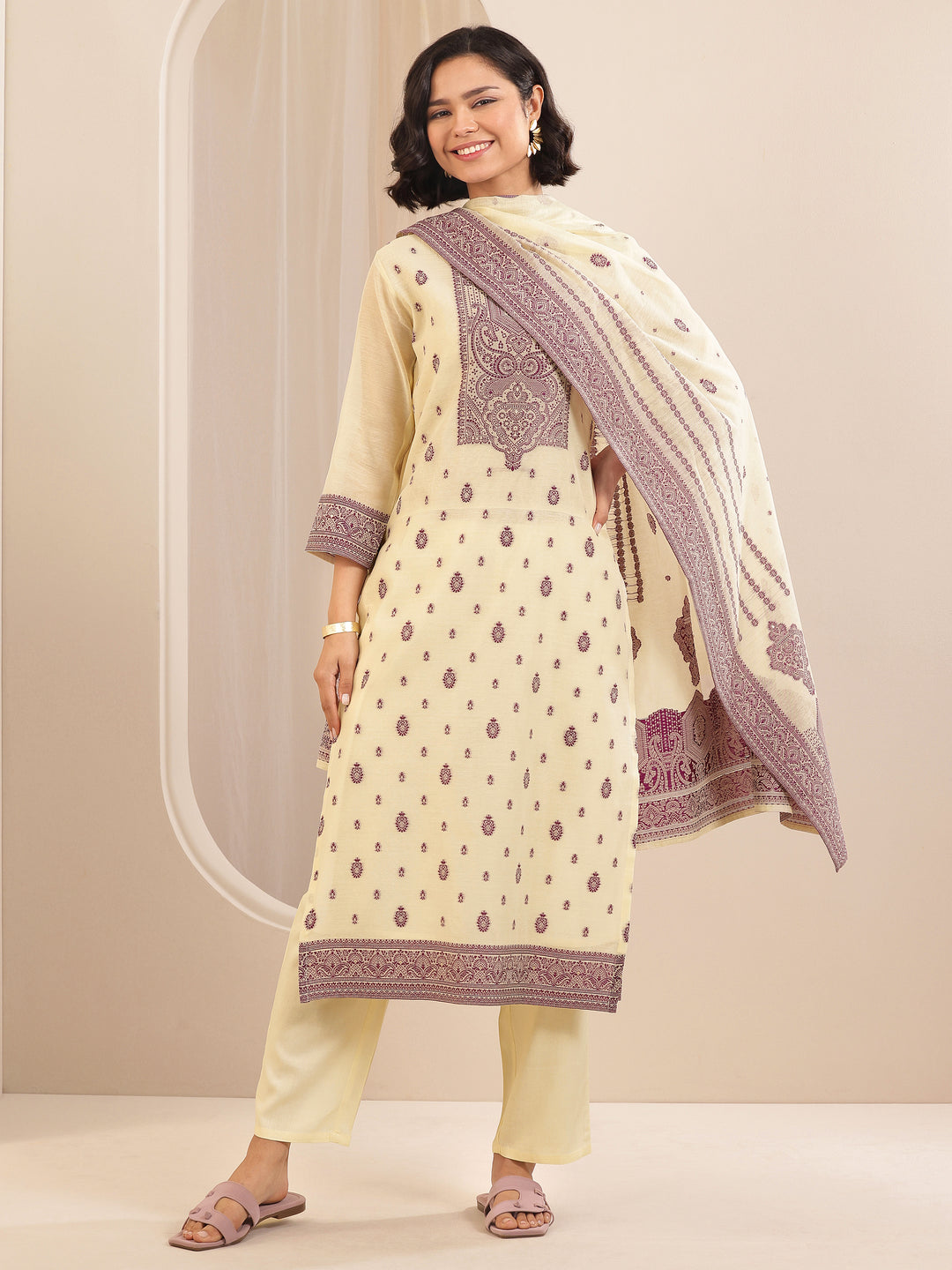 Cream Self Design Chanderi Silk Straight Suit Sets With Dupatta