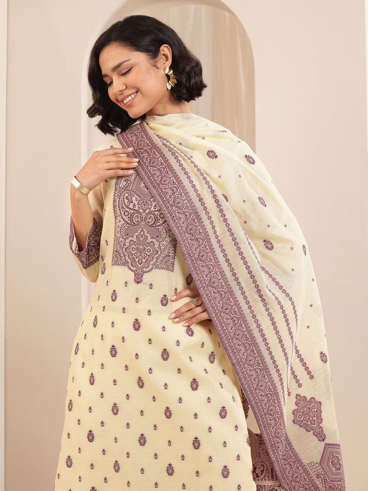 Cream Self Design Chanderi Silk Straight Suit Sets With Dupatta