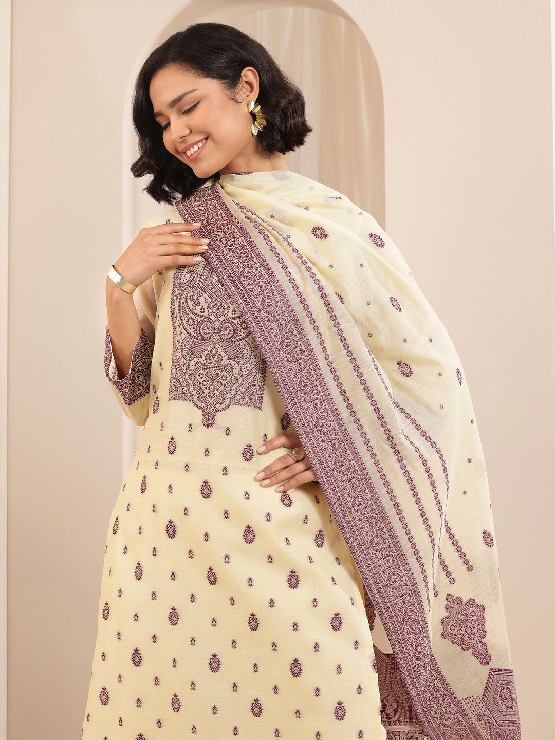 Cream Self Design Chanderi Silk Straight Suit Sets With Dupatta
