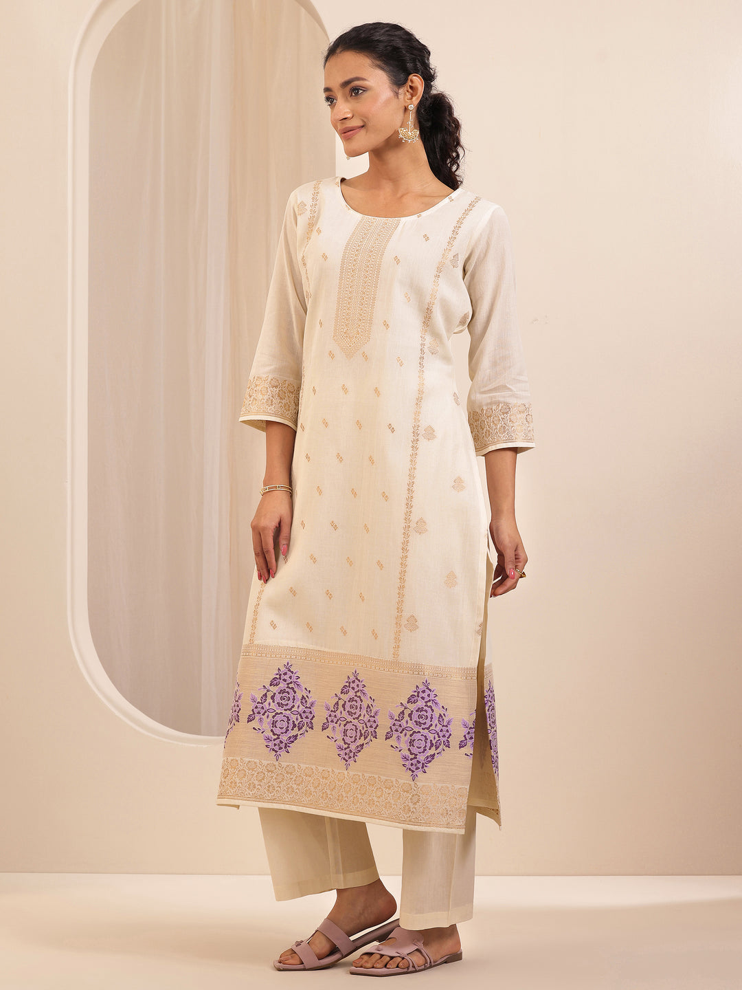 Off White Self Design Cotton Straight Suit Sets With Dupatta