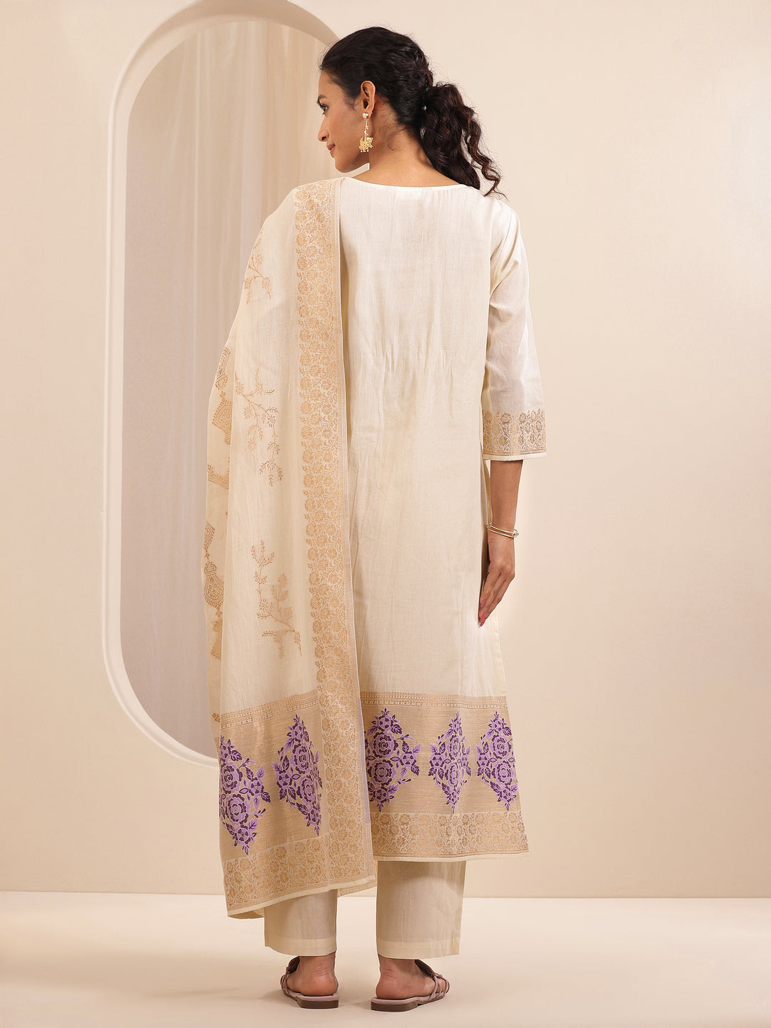 Off White Self Design Cotton Straight Suit Sets With Dupatta