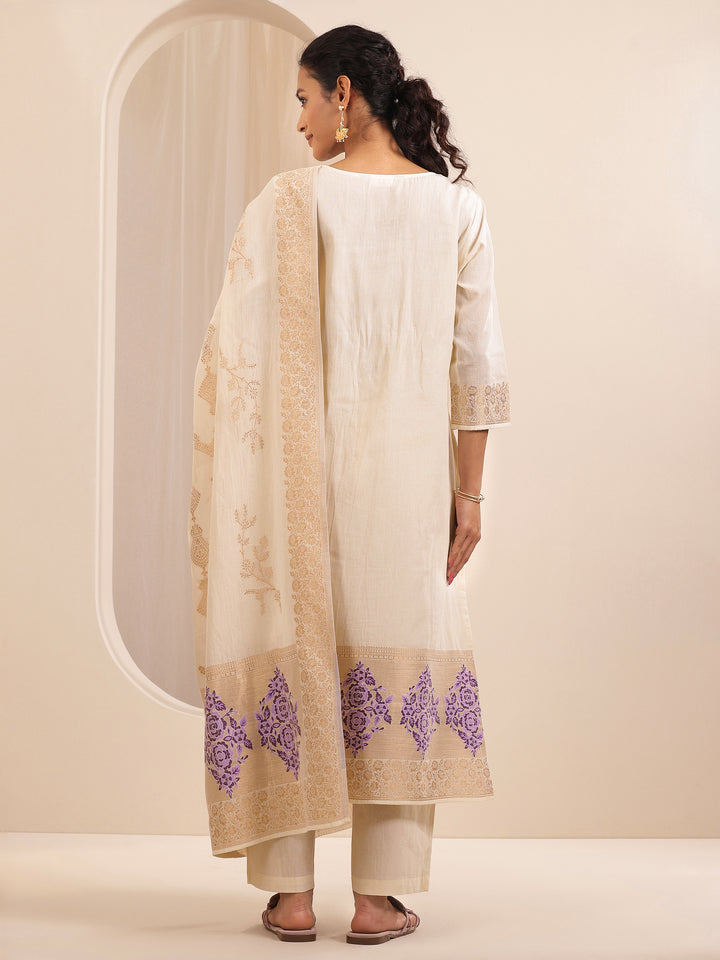 Off White Self Design Cotton Straight Suit Sets With Dupatta
