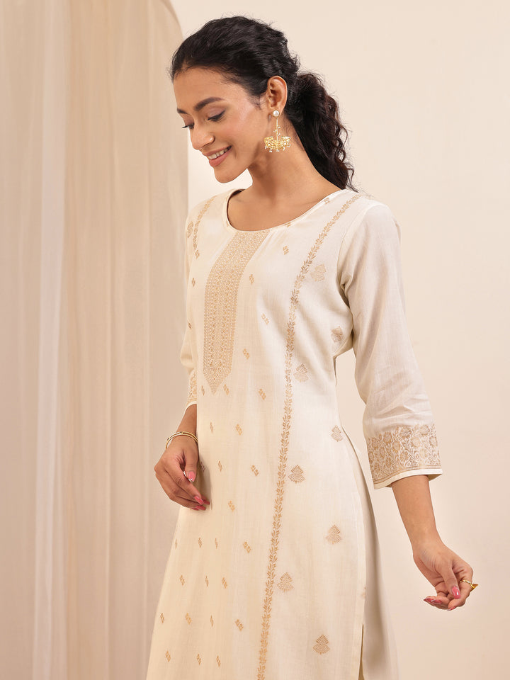 Off White Self Design Cotton Straight Suit Sets With Dupatta