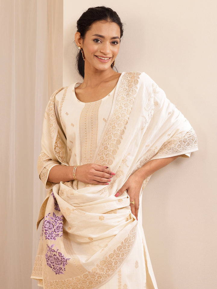 Off White Self Design Cotton Straight Suit Sets With Dupatta