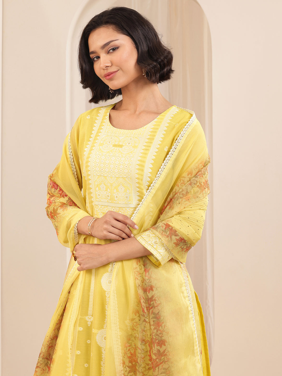Yellow Self Design Chanderi Silk Straight Suit Sets With Dupatta