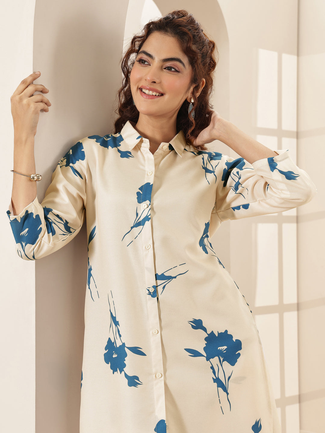 White Printed Cotton Blend Straight Kurta Set