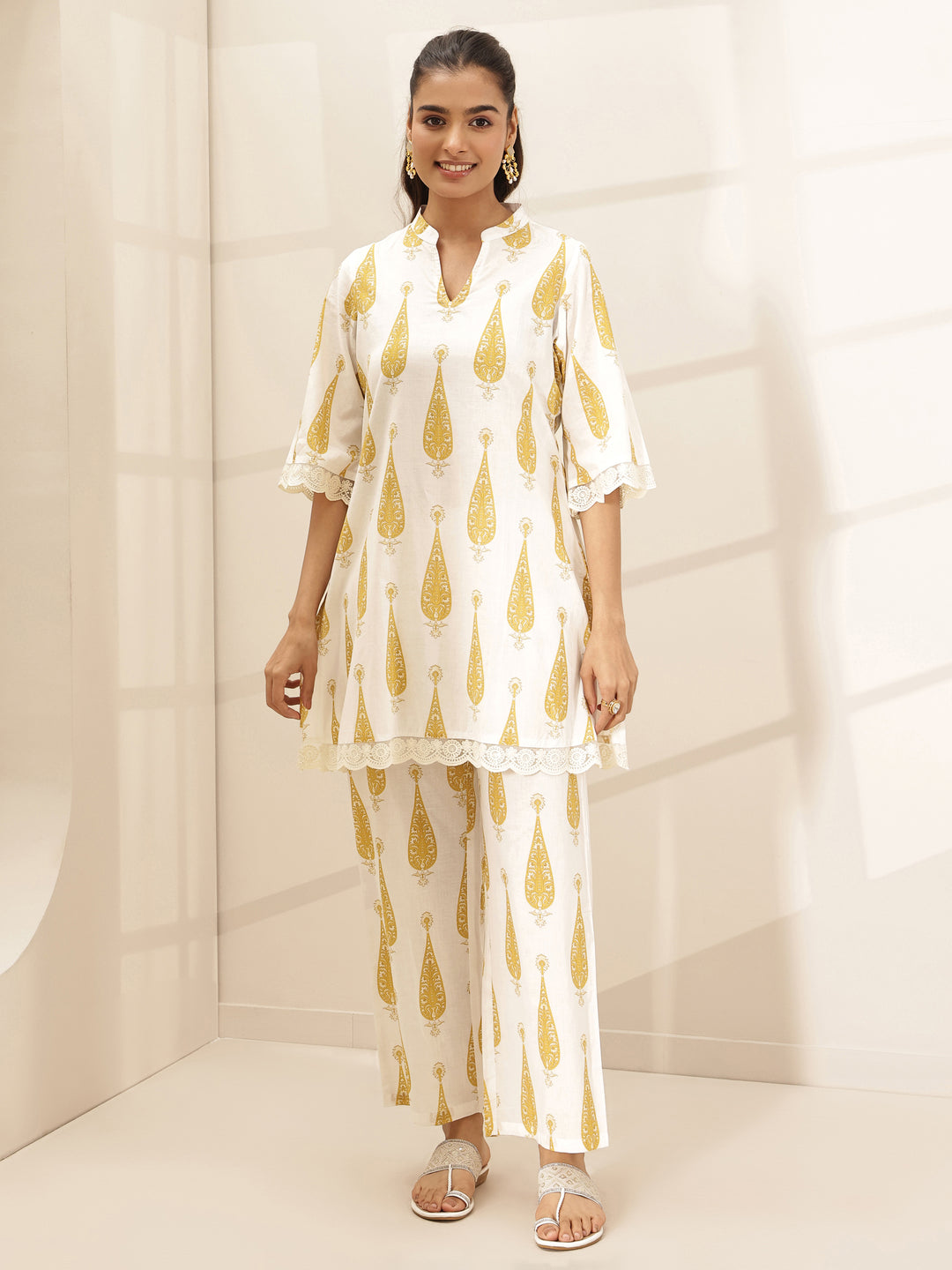 White Printed Cotton A-line Kurta Set