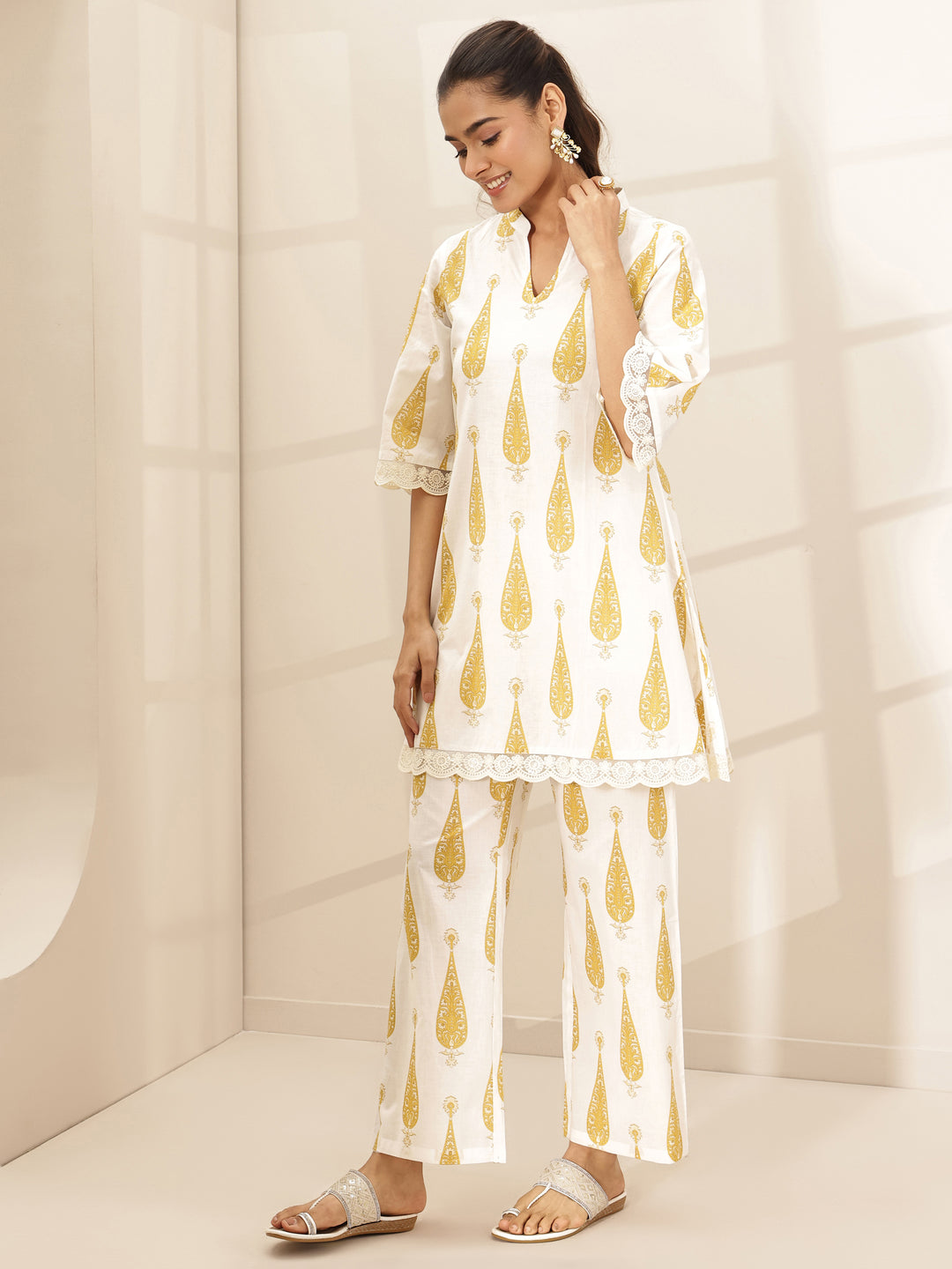 White Printed Cotton A-line Kurta Set
