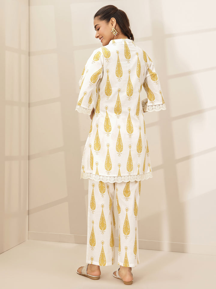 White Printed Cotton A-line Kurta Set