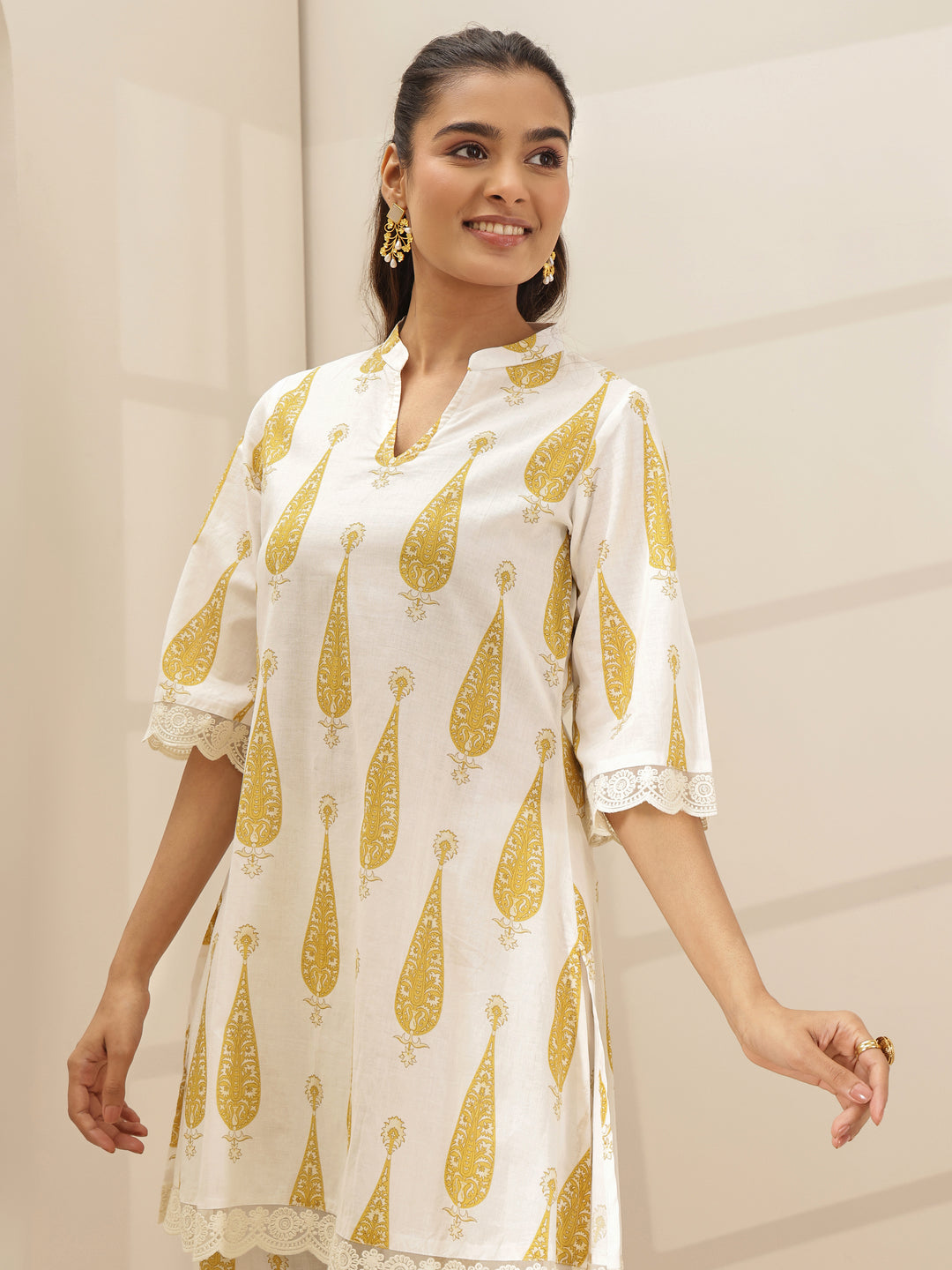 White Printed Cotton A-line Kurta Set