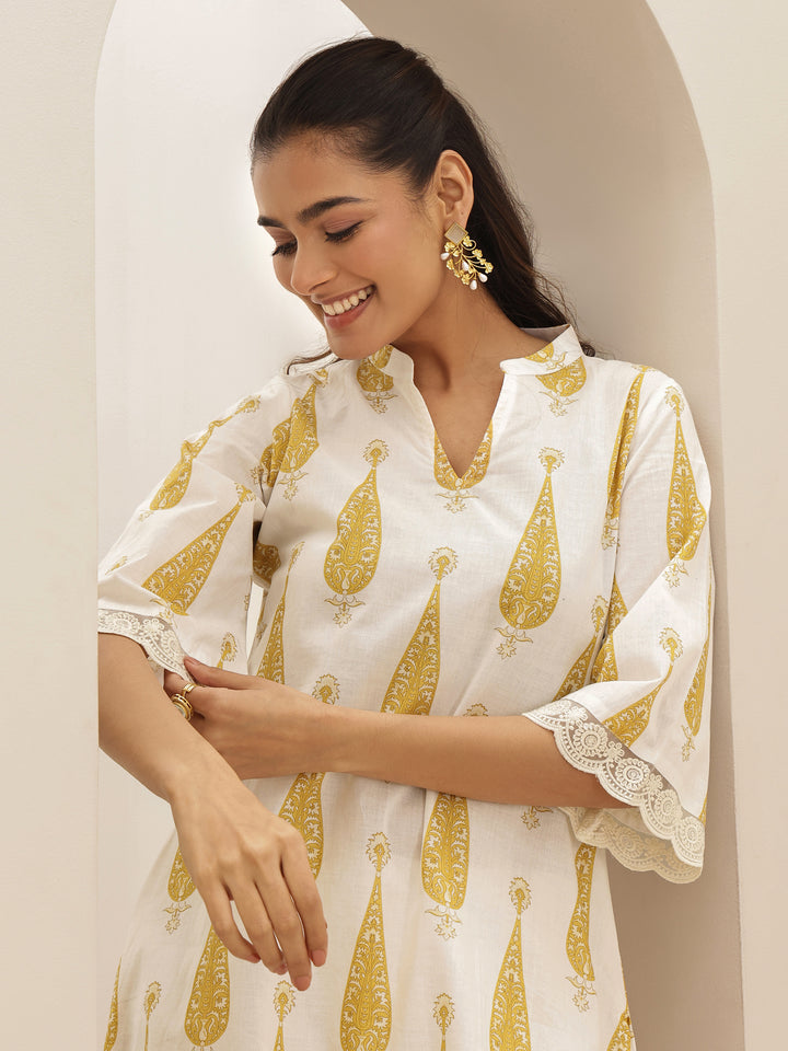 White Printed Cotton A-line Kurta Set