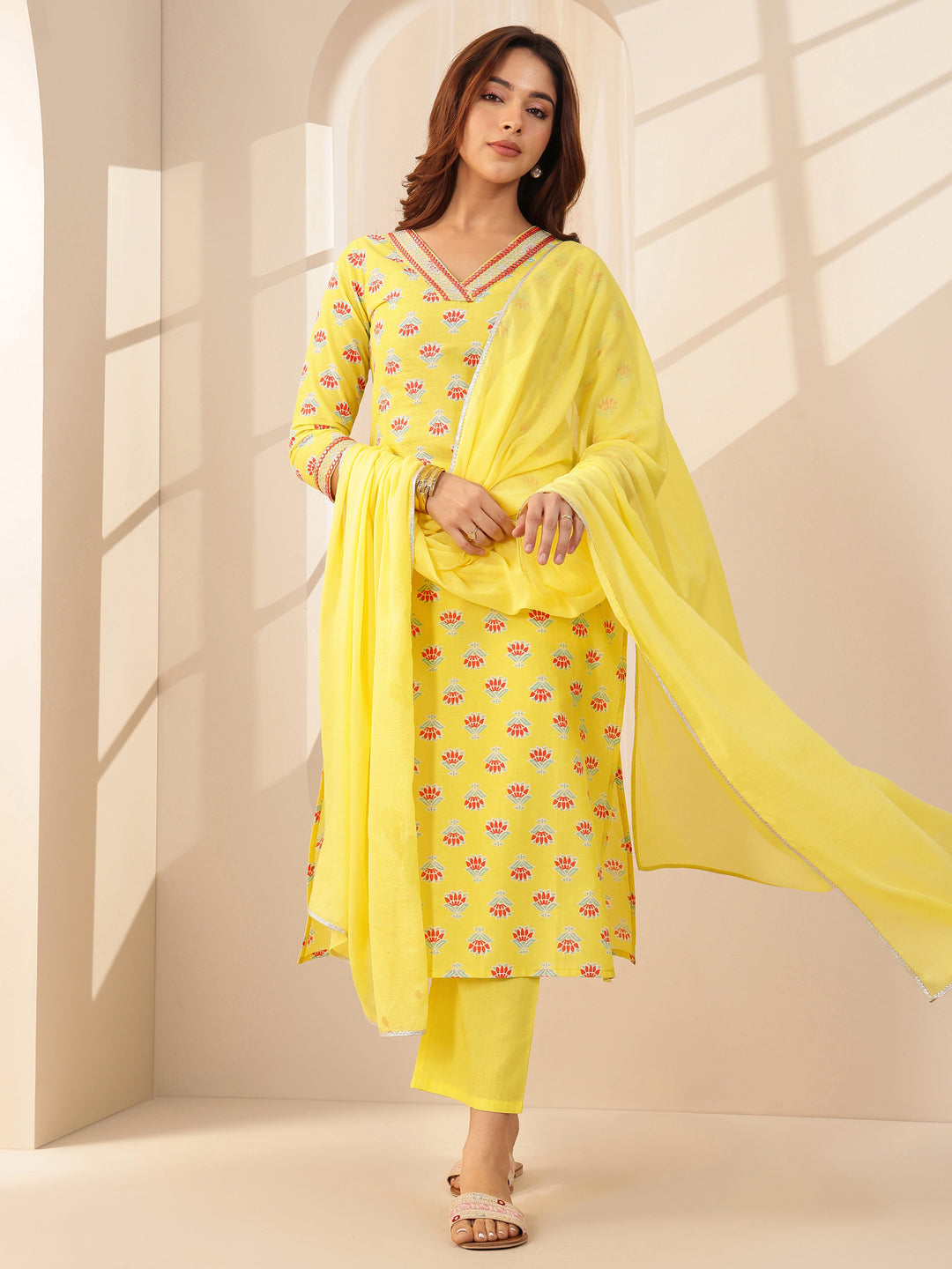 Yellow Printed Cotton Straight Suit Sets With Dupatta
