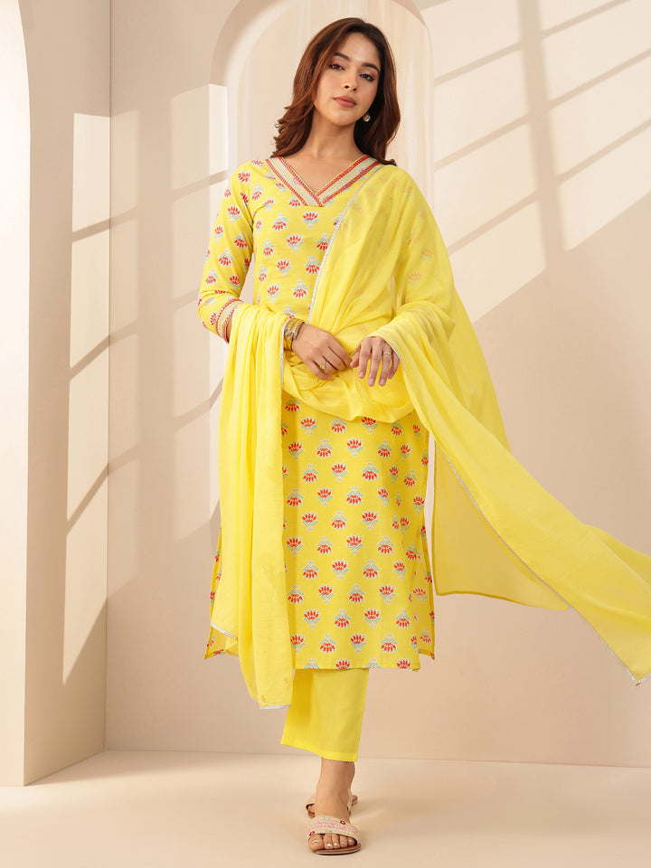 Yellow Printed Cotton Straight Suit Sets With Dupatta