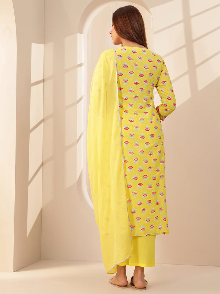 Yellow Printed Cotton Straight Suit Sets With Dupatta