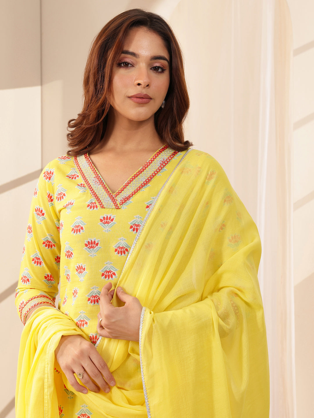 Yellow Printed Cotton Straight Suit Sets With Dupatta