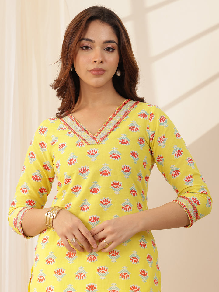 Yellow Printed Cotton Straight Suit Sets With Dupatta
