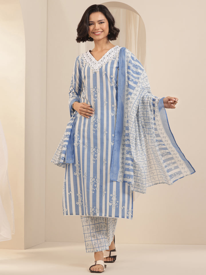Blue Printed Cotton Straight Suit Sets With Dupatta