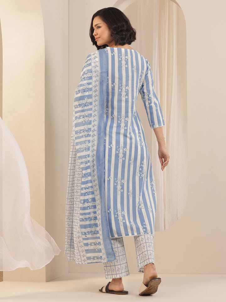 Blue Printed Cotton Straight Suit Sets With Dupatta