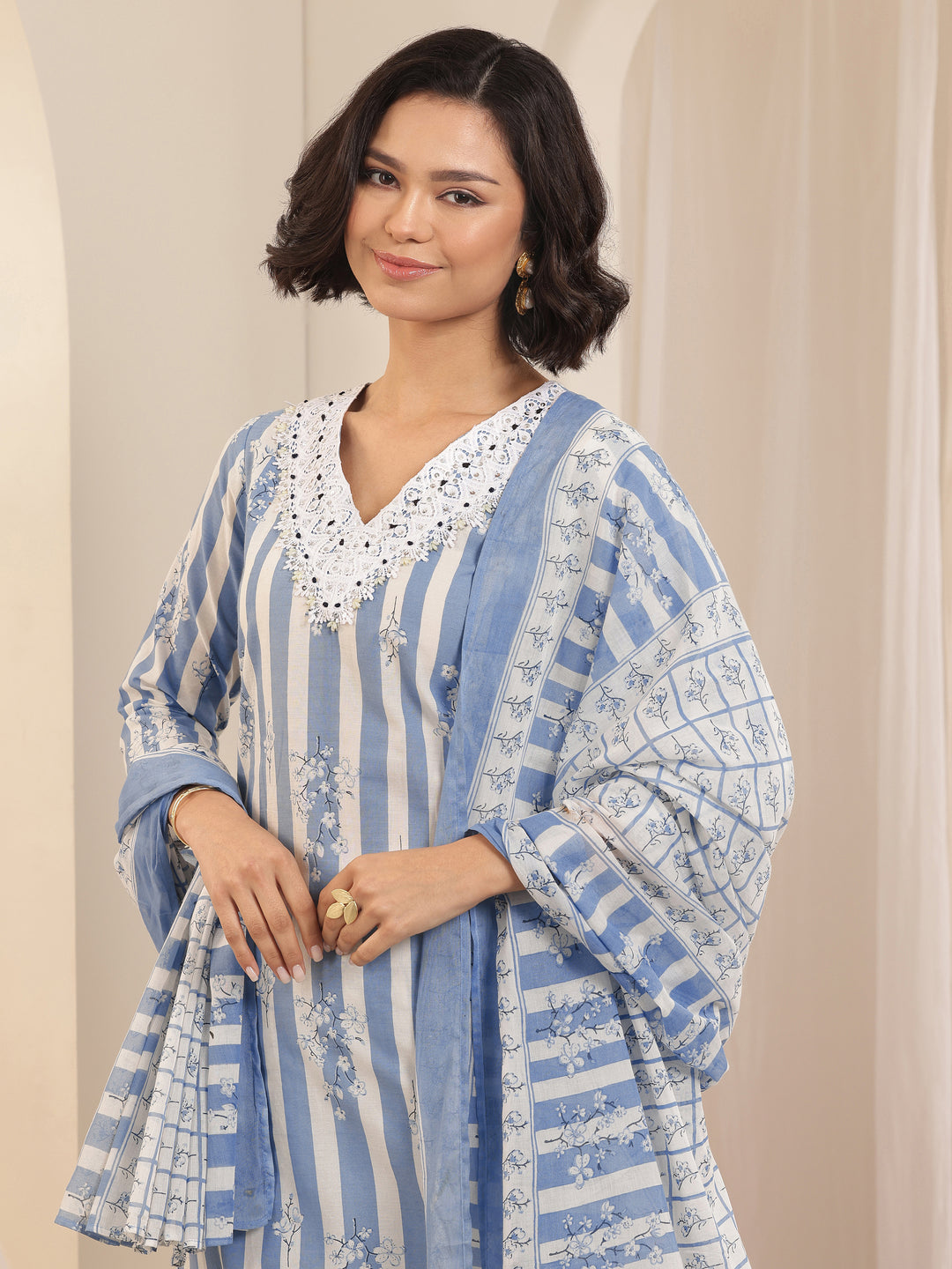 Blue Printed Cotton Straight Suit Sets With Dupatta