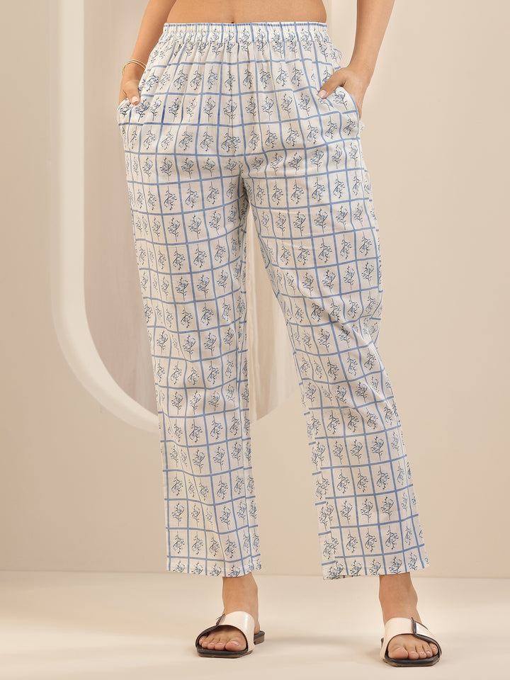 Blue Printed Cotton Straight Suit Sets With Dupatta