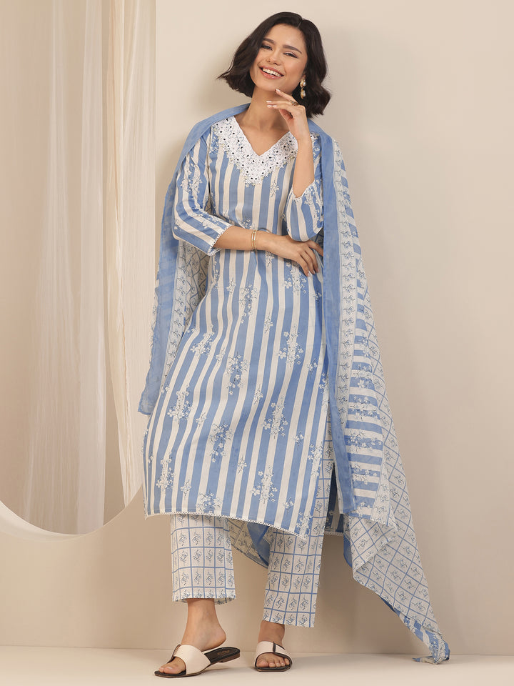 Blue Printed Cotton Straight Suit Sets With Dupatta