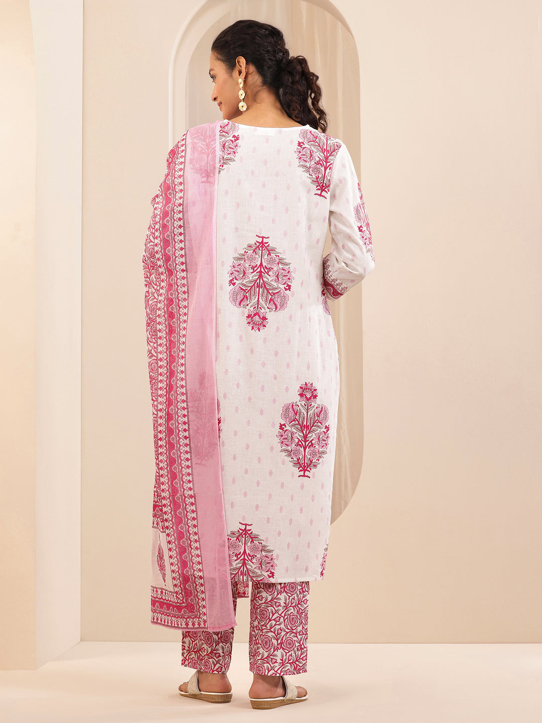 White Printed Cotton Straight Suit Sets With Dupatta
