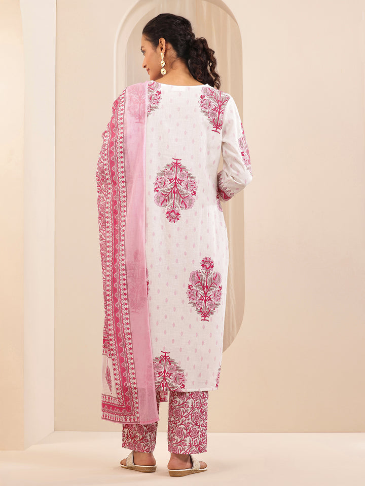 White Printed Cotton Straight Suit Sets With Dupatta