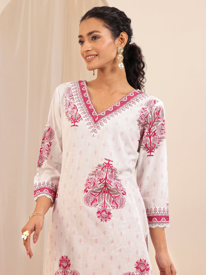 White Printed Cotton Straight Suit Sets With Dupatta