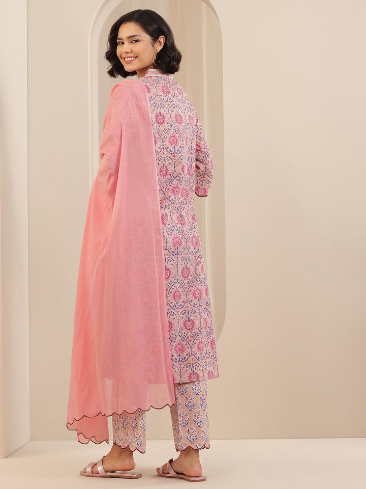 Pink Printed Cotton Straight Suit Sets With Dupatta