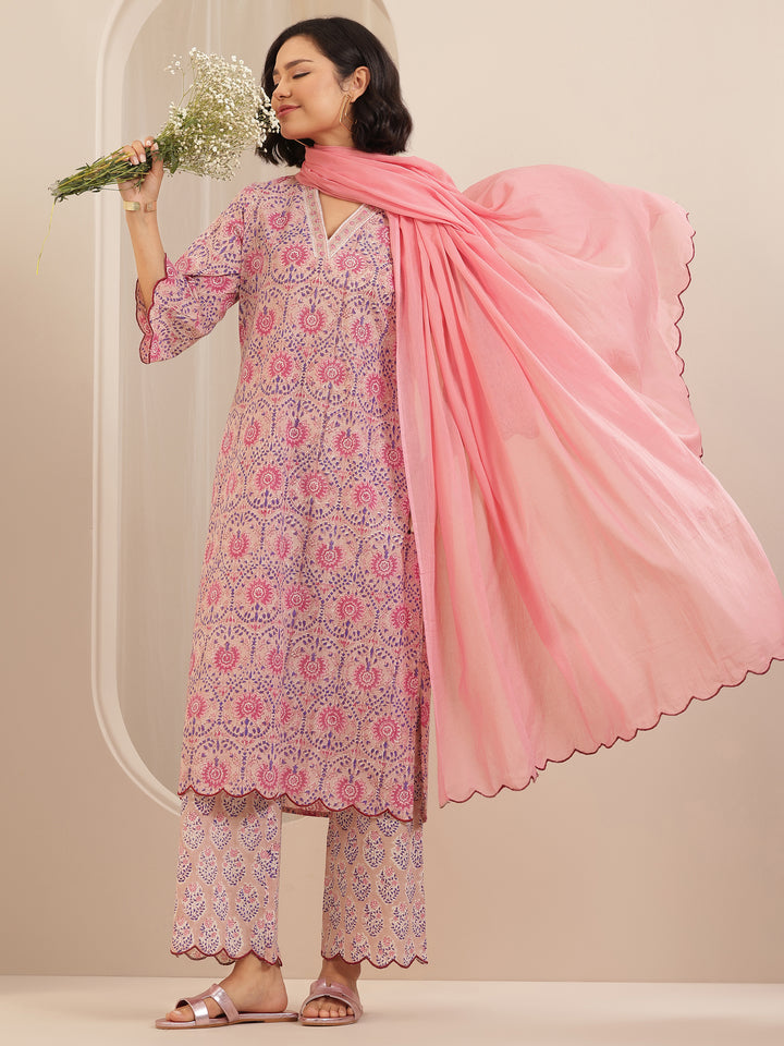 Pink Printed Cotton Straight Suit Sets With Dupatta
