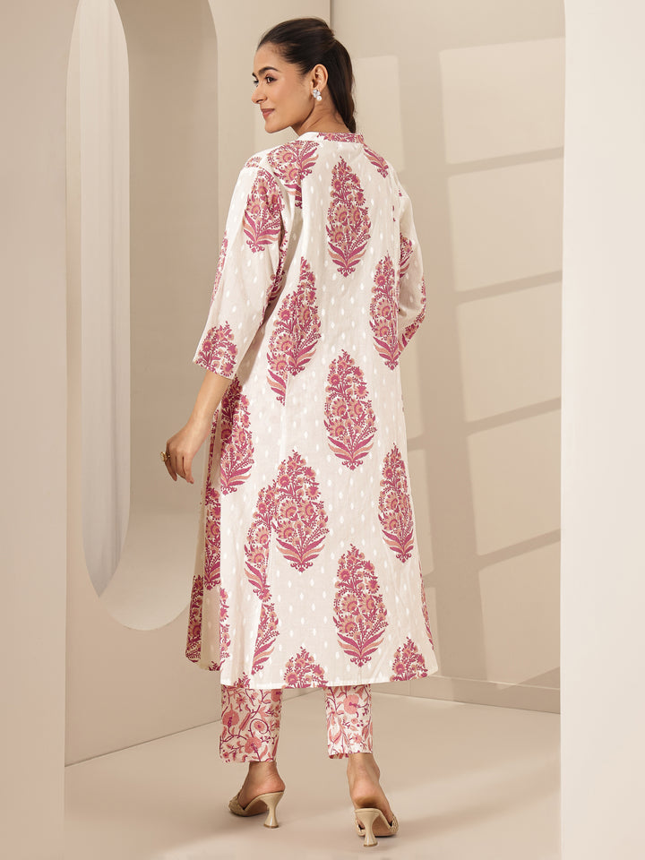 White Printed Cotton A-line Kurta Set