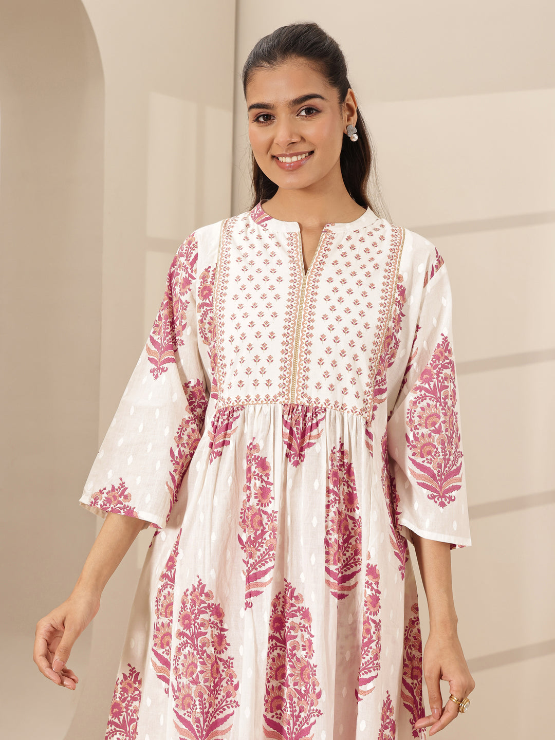 White Printed Cotton A-line Kurta Set